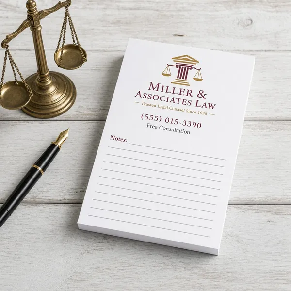 Custom 3 x 6 inch law firm notepad with column logo, phone and Notes lines, beside brass scales and a fountain pen