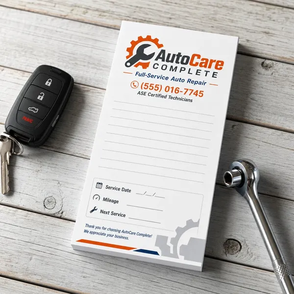 Custom 3 x 7 inch auto repair notepad with logo, phone and service date and mileage lines, beside a car key and wrench