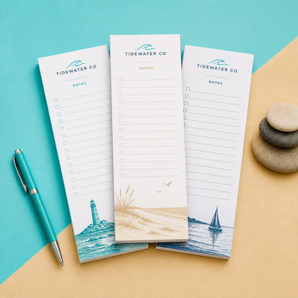 Custom 3 x 8 inch checkbox list pads, three slim pads with lighthouse, beach grass and sailboat scenes and a teal pen