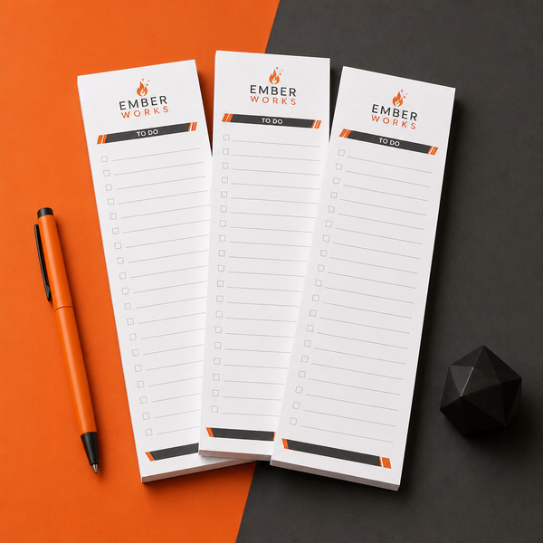 3" x 9" Custom Notepads Custom 3 x 9 inch long to-do list notepads, three Ember Works pads with checkboxes on orange and black with a pen
