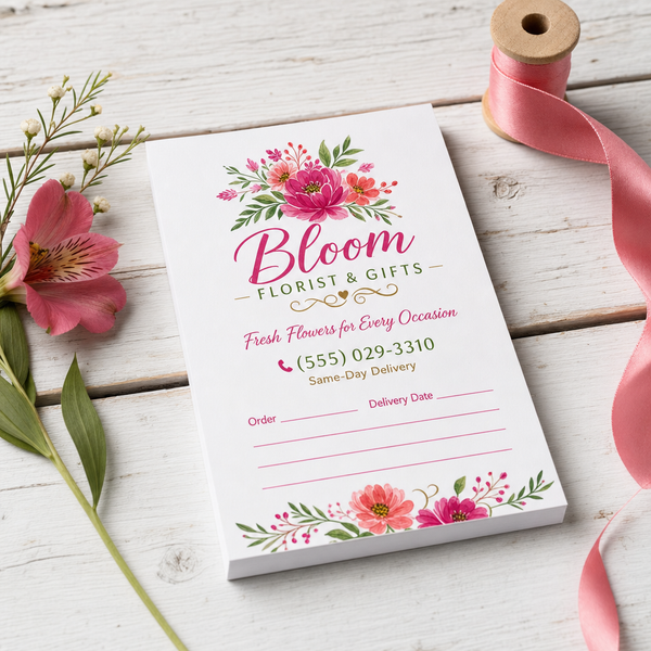 Custom 4.125 x 5.5 inch florist order pad with flower logo, phone, Order and Delivery Date lines, beside pink ribbon