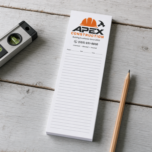 Custom 4.25 x 11 inch construction contractor notepad with logo, phone, Project, Date and Crew lines, beside a level