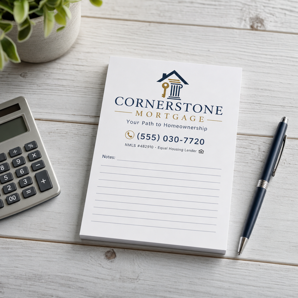 Custom 4.25 x 5.5 inch mortgage lender notepad with house logo, phone and Notes lines, beside a calculator and pen