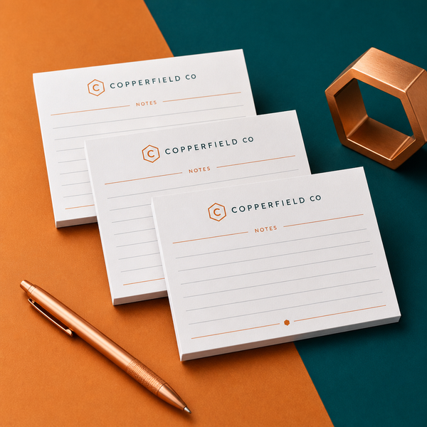4" x 3" Custom Notepads (Landscape) Custom 4 x 3 inch pocket memo pads, three landscape Copperfield Co pads with ruled lines, a copper pen and a hexagon