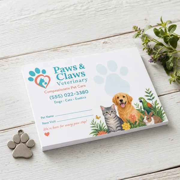 Custom 4 x 3 inch veterinary clinic memo pad with paw logo, pets, phone and Next Visit lines, beside a paw keychain