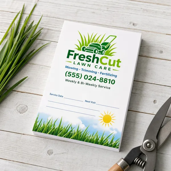 Custom 4 x 5 inch lawn care notepad with mower logo, phone, Service Date and Next Visit lines, beside pruning shears