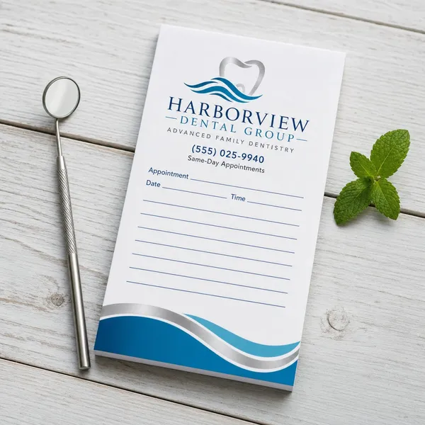 Custom 4 x 6 inch notepad for a dental group with logo, phone and lined appointment sheet