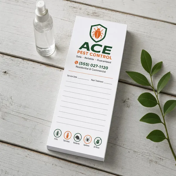 Custom 4 x 8 inch pest control notepad with service date and next treatment lines, beside a spray bottle and leaves