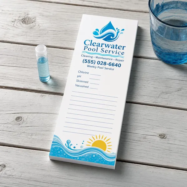 Custom 4 x 9 inch notepad for a pool service with a chemical checklist, on a table beside a glass of water and a test vial