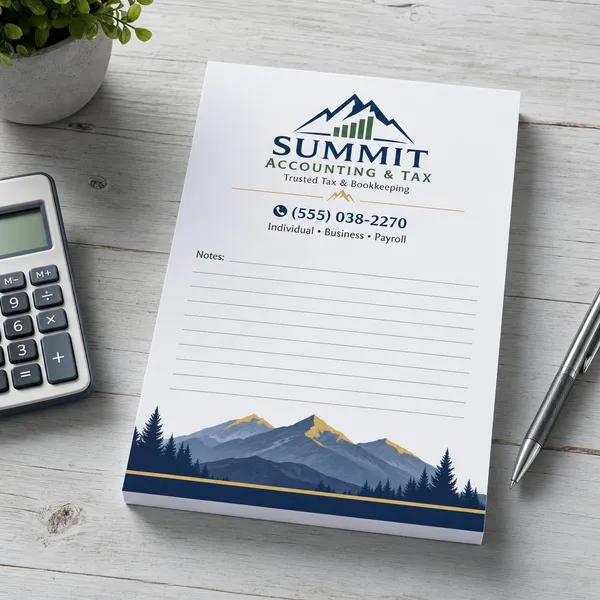 Custom 5.5 x 8.5 inch Summit Accounting & Tax lined notepad with mountains, a calculator and pen