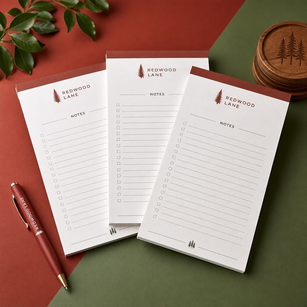 Three custom 5.5 x 8.5 inch Redwood Lane checklist notepads with a red pen and wooden coasters