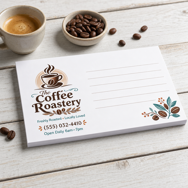 Custom 5 x 3 inch landscape notepad for a coffee roastery with logo and note lines, beside a coffee cup and beans