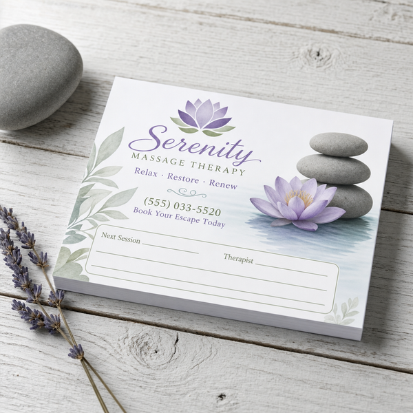 Custom 5 x 4 inch massage therapy landscape notepad with lotus logo, phone and Next Session lines, beside stones and lavender