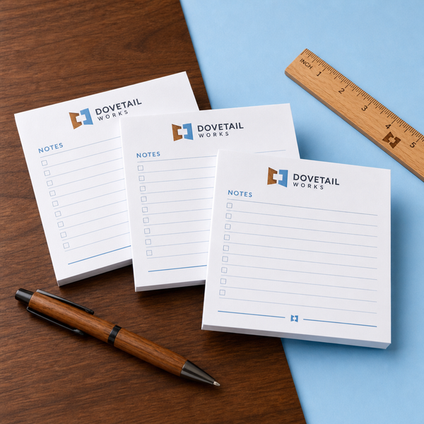 Custom 5 x 5 inch square checklist memo pads, three pads shown with a wooden pen and a ruler