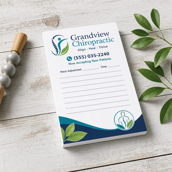 Full color 5 x 7 custom notepad with a chiropractic logo, phone number and appointment lines, shown with green leaves