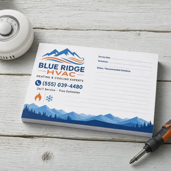 Custom 6 x 4 inch Blue Ridge HVAC service notepad with mountain logo, phone and service fields, by a thermostat