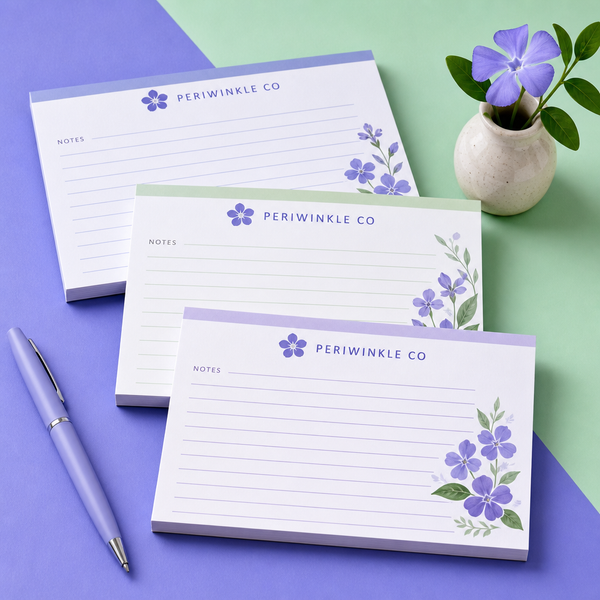Custom 6 x 4 inch horizontal notepads, three Periwinkle Co. pads with lined Notes sheets, flowers and a purple pen