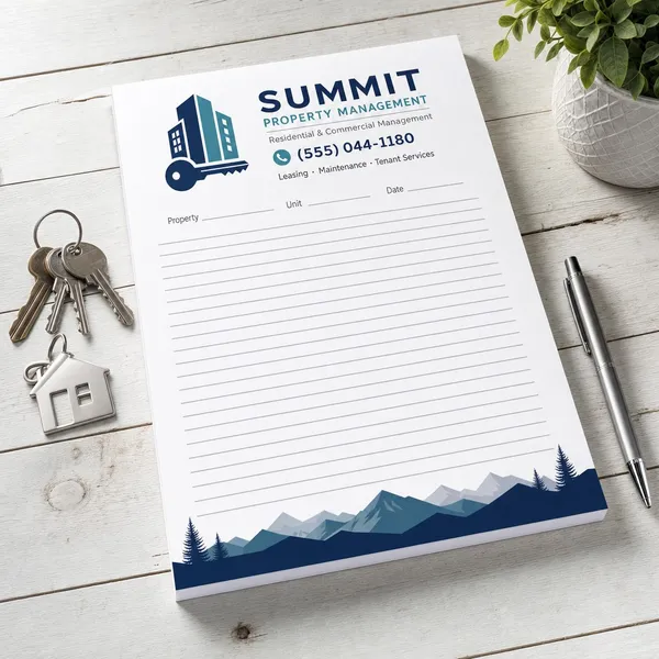 Full color 8.5 x 11 custom notepad with a property management logo, lined sheet and mountain footer, with keys and a pen