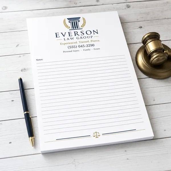 Custom 8.5 x 14 inch law firm legal pad with column logo and ruled lines, beside a gavel and a black pen