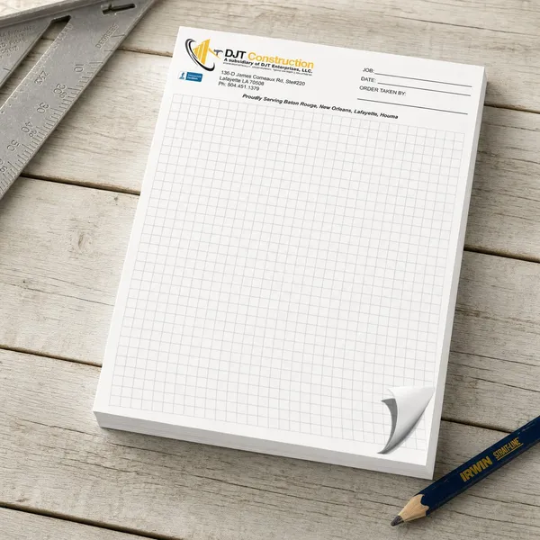 Custom Contractor Notepads, 8.5" x 11", 1/4" Grid Graph Paper 8.5 x 11 custom notepad with quarter-inch grid, white paper and blue branding