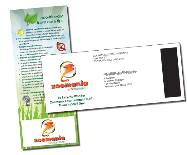 Eco Lawn Care promotional postcard magnet with green and white design