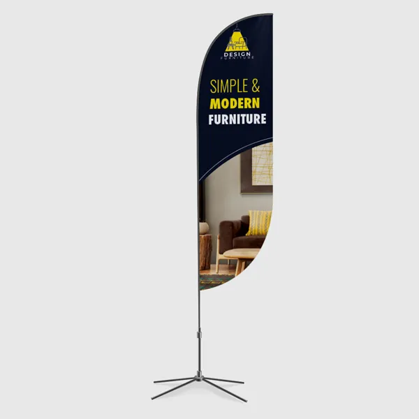 Navy feather flag banner with yellow text and interior furniture scene display, promotional product