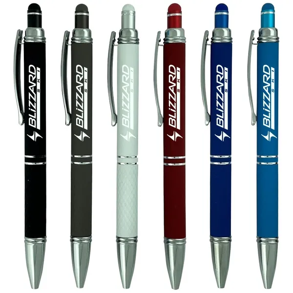 Vertex Soft Touch Metal Pen w/Stylus in six color options - black, olive, sage, burgundy, navy, and cyan promotional pen.