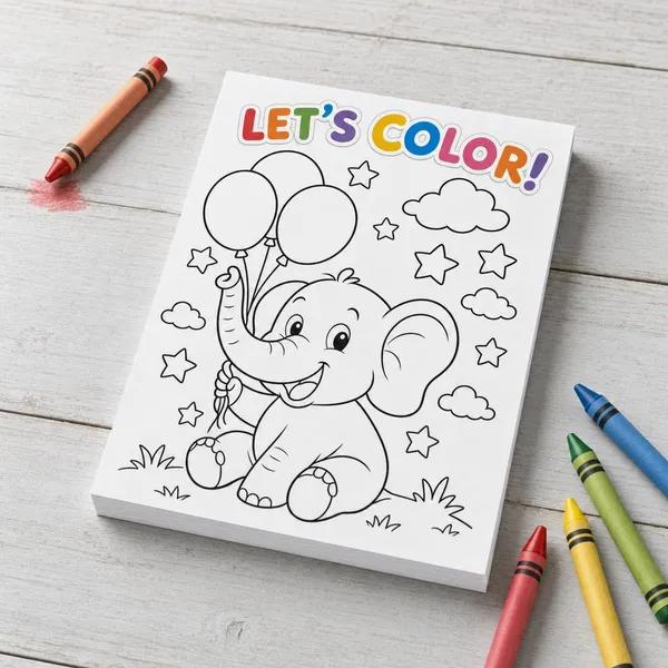Custom kids coloring notepad with a cartoon elephant holding balloons, shown with crayons