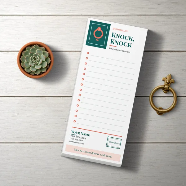 Knock, Knock Real Estate Farming Notepad Full color custom notepad with top priorities checklist, tan and white design, promotional product sample.