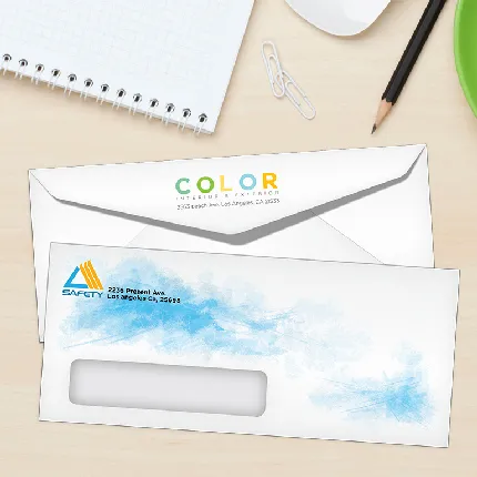 Custom Full-Color Printed Envelopes - 4 Full color offset printed envelopes with blue watercolor design, promotional product for business mailings.