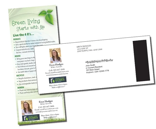 Green and white promotional notepad magnet with environmental messaging and contact card design.