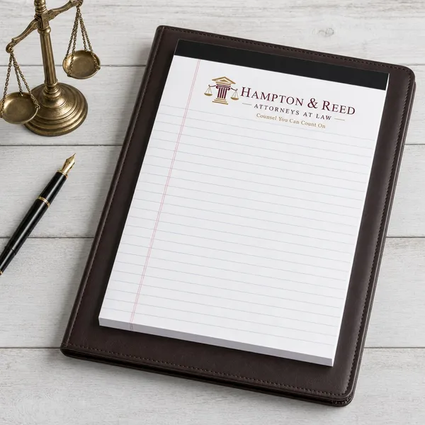 Custom logo-printed legal pad on a brown leather padfolio, shown with scales of justice and a fountain pen