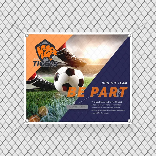 Mesh Banners Custom mesh banner with orange and navy color scheme, soccer theme design