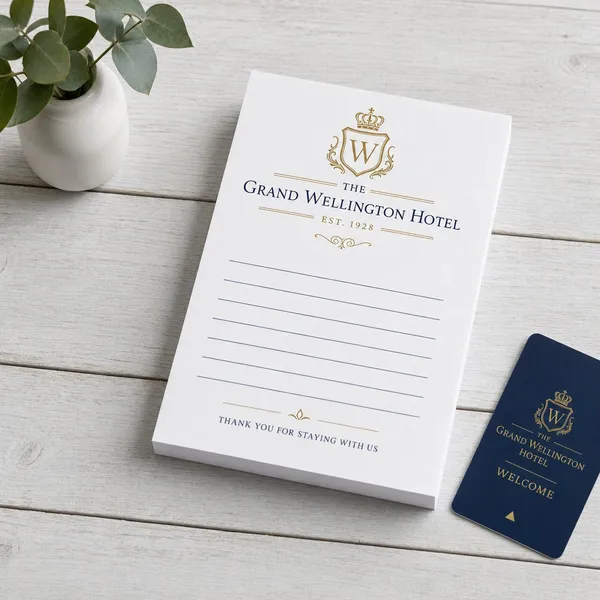 Custom navy and gold hotel notepad with crest logo and thank-you message, shown with a matching key card