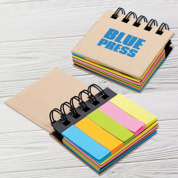 Colorful spiral-bound custom notepad with sticky notes and flags in multi-color assortment.