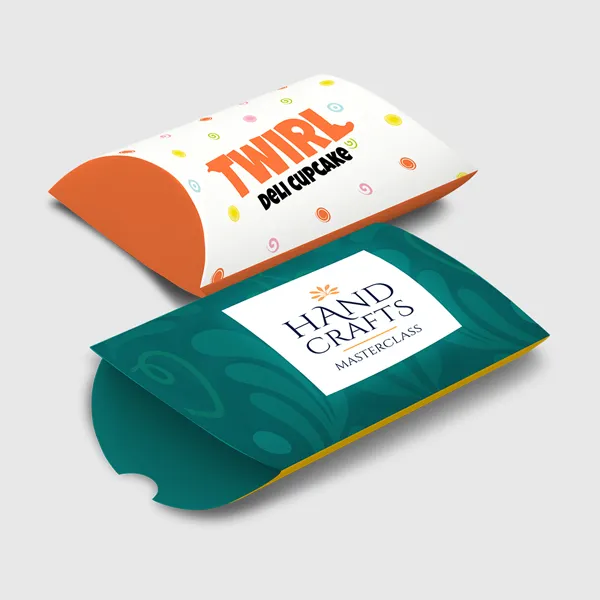 Pillow Boxes Colorful pillow boxes in orange and teal with yellow accents, custom packaging design samples