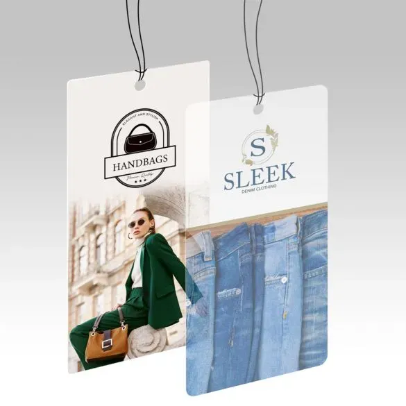 Plastic hang tags for custom packaging in white and blue color scheme with string attachment