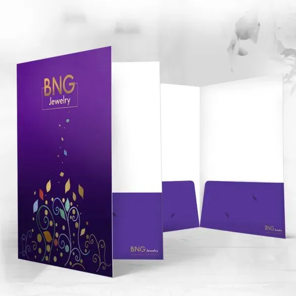 Purple and gold custom presentation folder with ornamental design and white interior panels