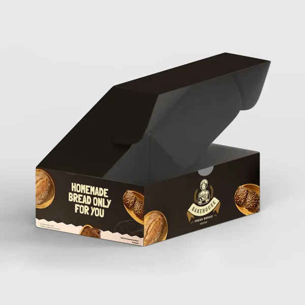 Roll End Tuck Top Boxes Black roll end tuck top box with bread graphics, custom promotional product packaging