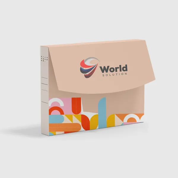 Custom notepad box, beige kraft with colorful geometric design and flap closure