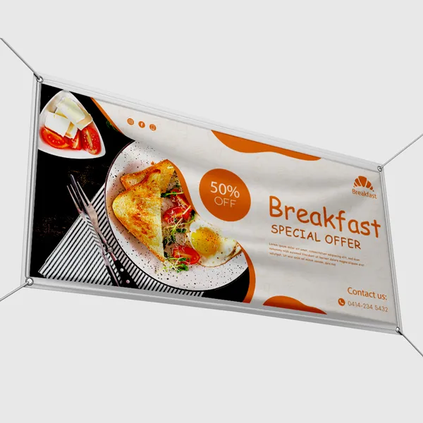 Scrim Vinyl Banners Scrim Vinyl Banner with orange and white breakfast promotional design, custom advertising signage