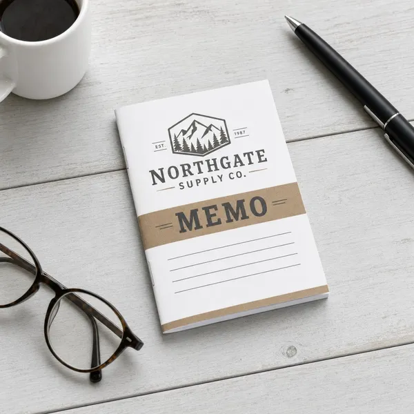 Custom staple-bound memo book with logo, kraft MEMO band and lined pages, next to a coffee mug and pen
