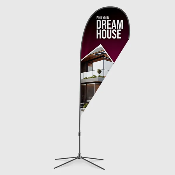 Burgundy teardrop flag with white text, promotional outdoor signage display