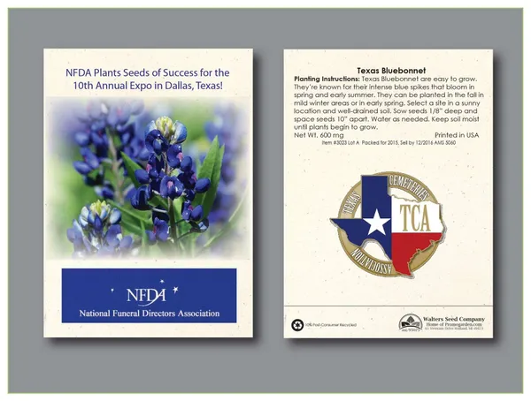 Texas Bluebonnet seed packet promotional product with blue flowers and cream background.