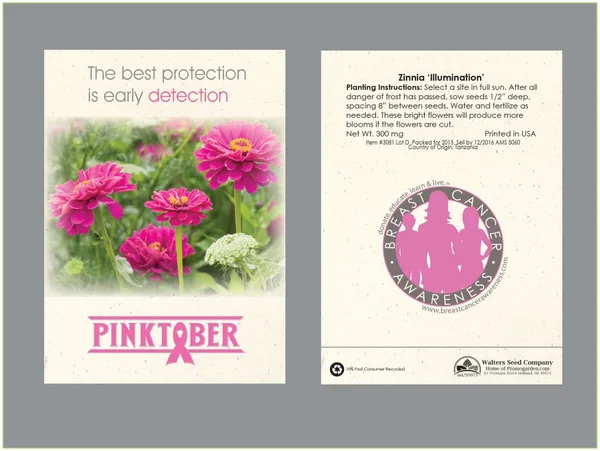 Zinnia Pink Illumination seed packet promotional product with pink flowers and cream background design