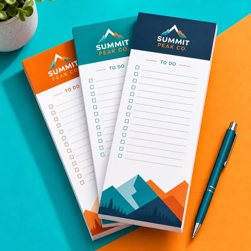 Custom 3.5 x 8 inch Summit Peak Co to-do checklist pads in orange, teal and navy with a pen