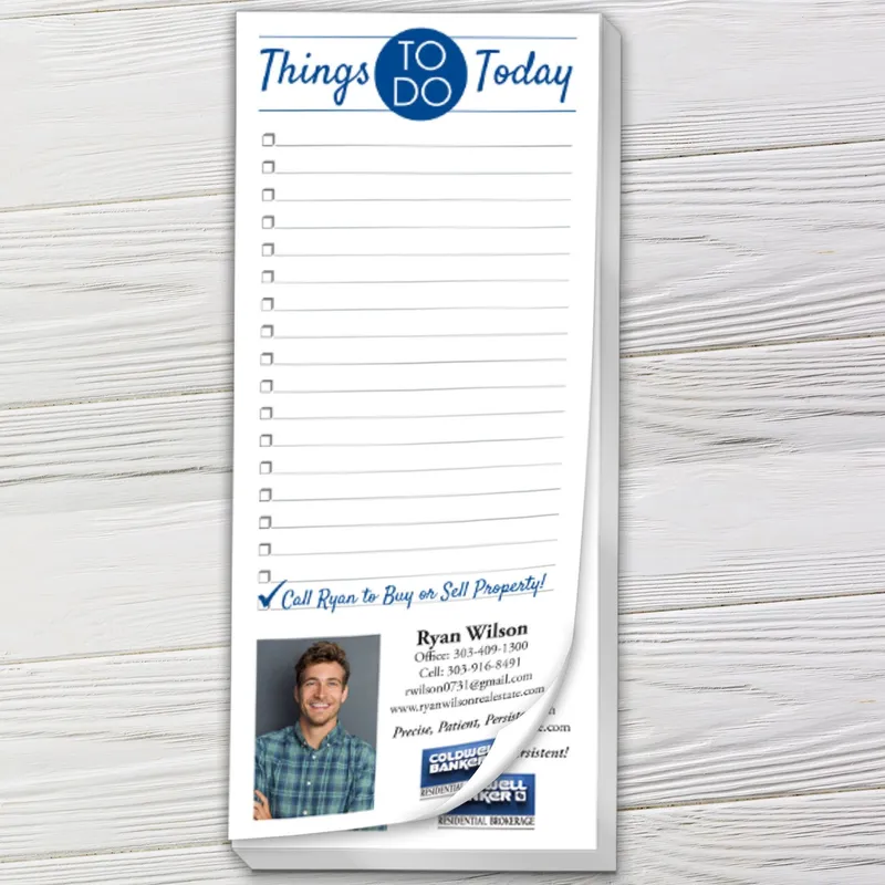 Custom 3.5 x 8 inch realtor Things To Do Today pad with a curled corner on white wood boards