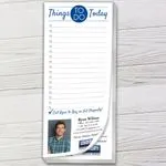 Custom 3.5 x 8 inch realtor Things To Do Today pad with a curled corner on white wood boards
