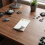 Custom 2 x 4 inch computer repair notepad lying flat on a wood desk beside cooling fans and PC parts