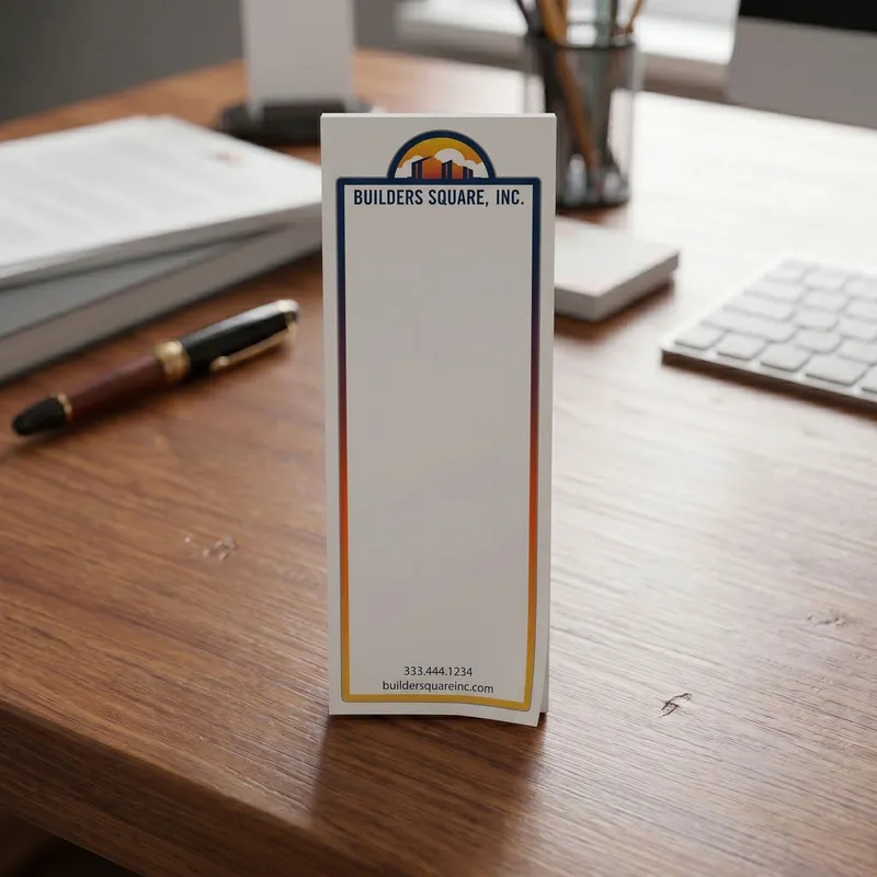 Custom 2 x 6 inch construction company narrow notepad standing on a desk beside a keyboard and a pen
